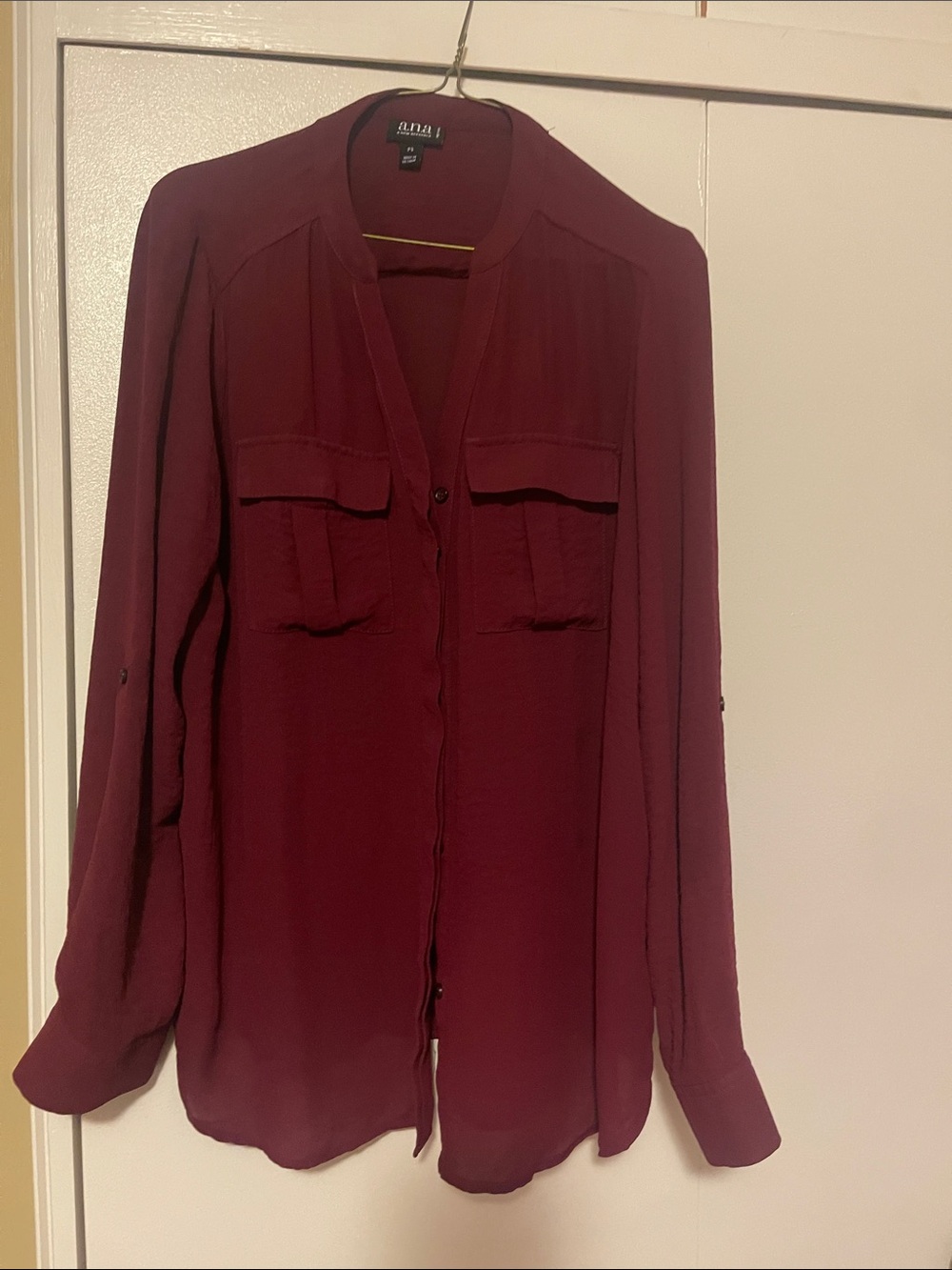 a.n.a Burgundy Button-Front Long Sleeve Blouse